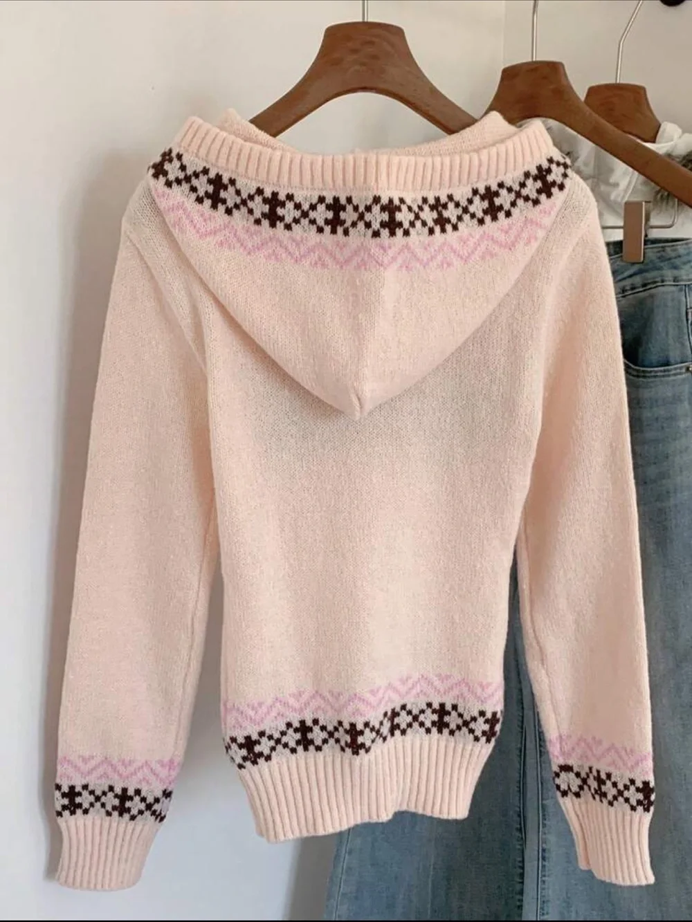 Hooded Fair Isle Knit Sweater - Pink